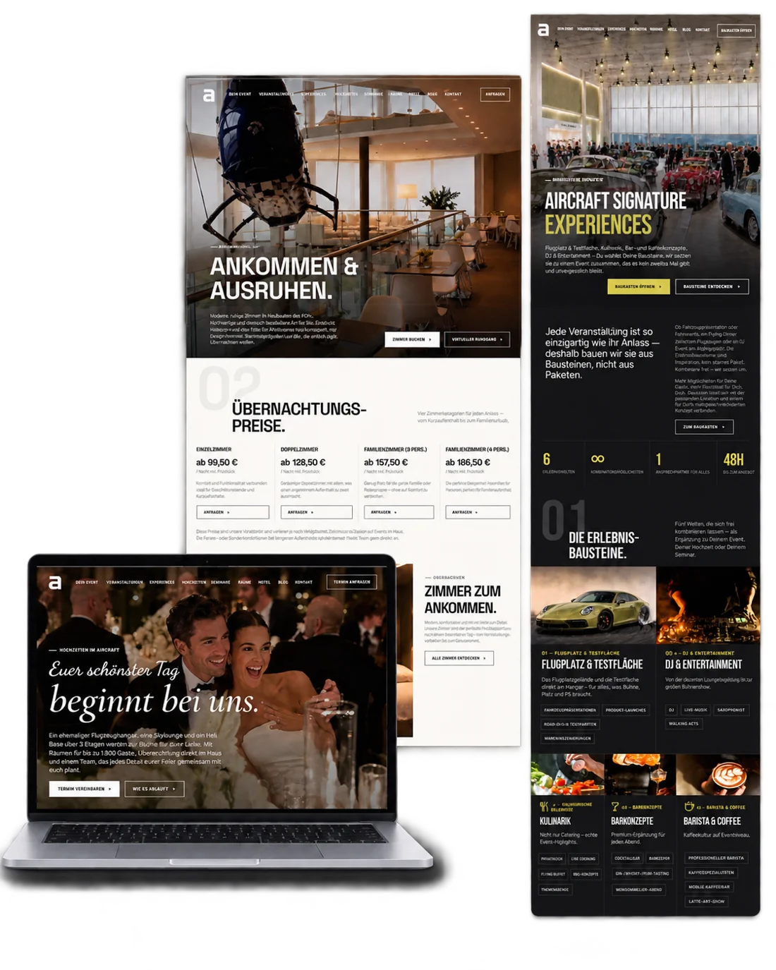 Websites des aircraft events hotel auf Laptop und Bildschirmen