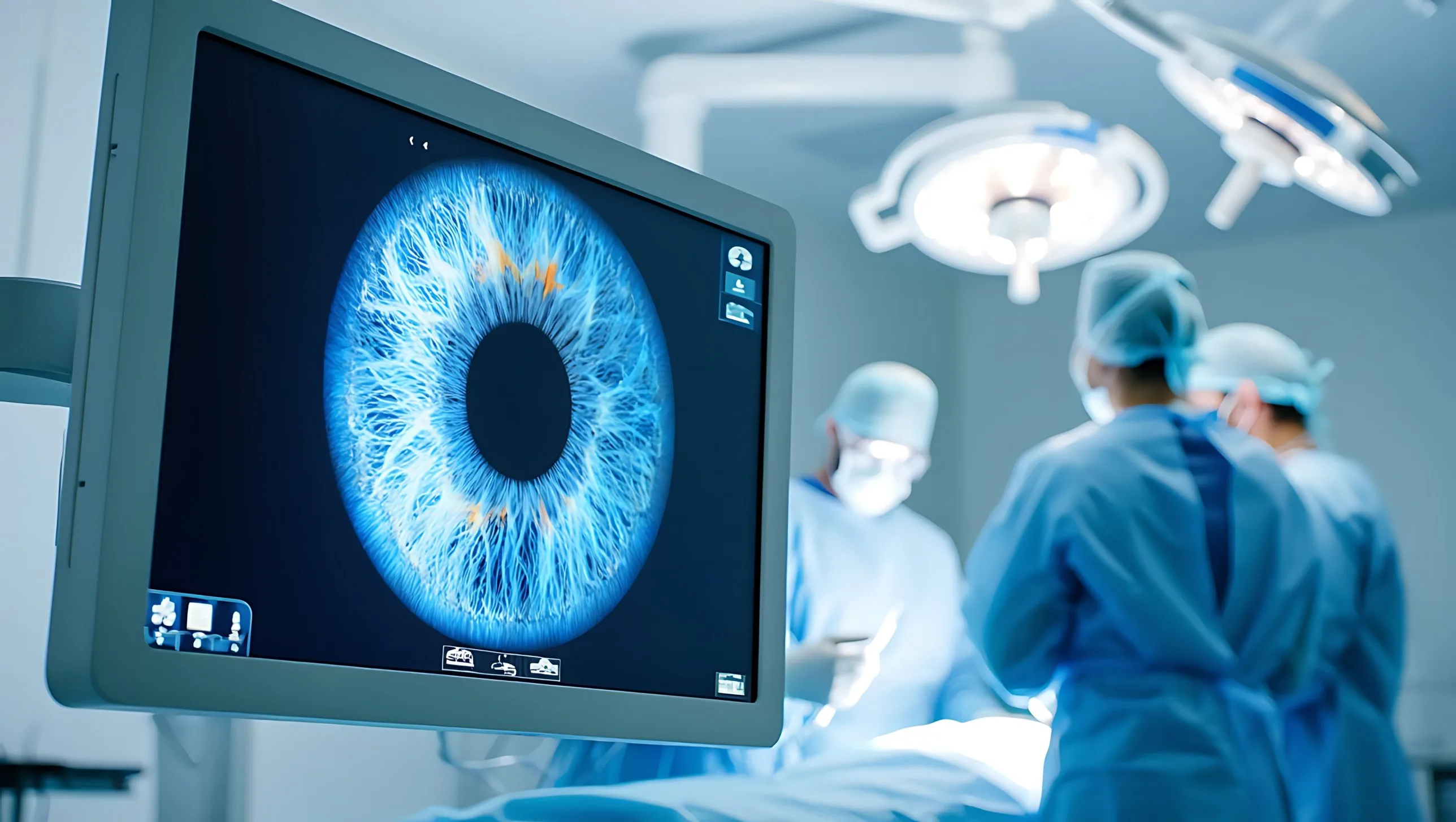 Operationssaal mit Chirurgenteam und Monitor, der ein Auge zeigt